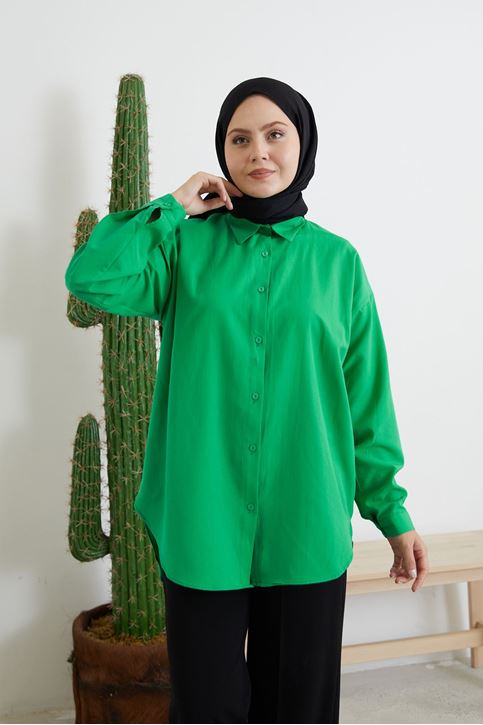 Düğmeli Poplin Gömlek-Yeşil