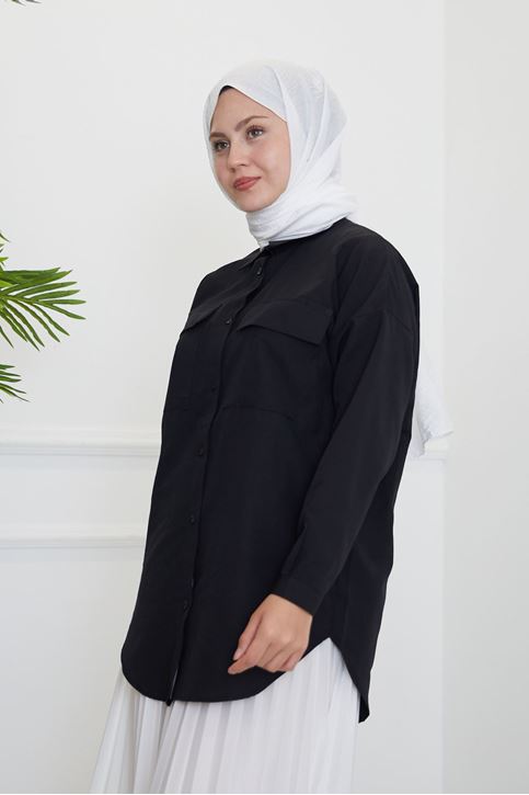 Çift Cep Kapaklı Tunik-Siyah