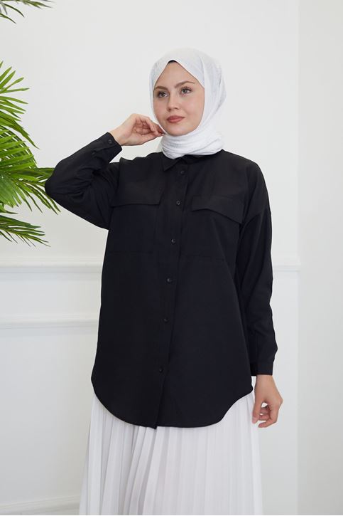 Çift Cep Kapaklı Tunik-Siyah