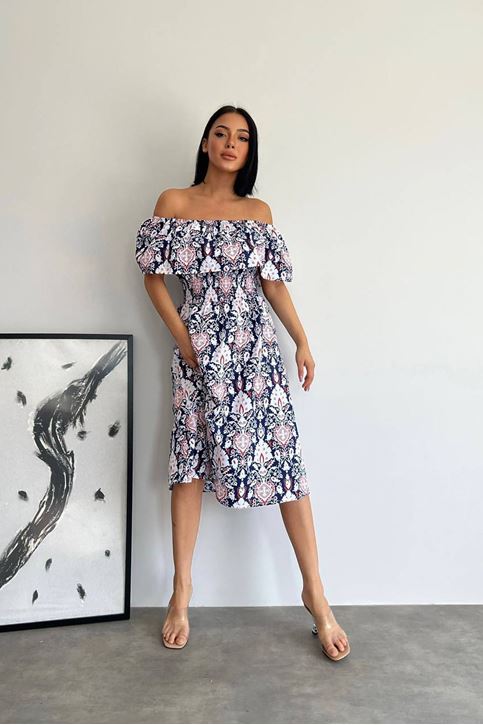 Madonna Yaka Desenli Elbise-Lacivert