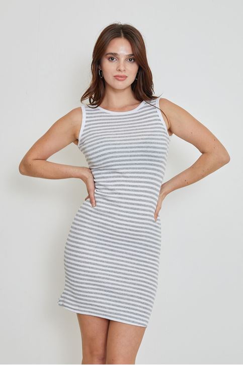 Kalın Askılı Çizgili Elbise-Gri