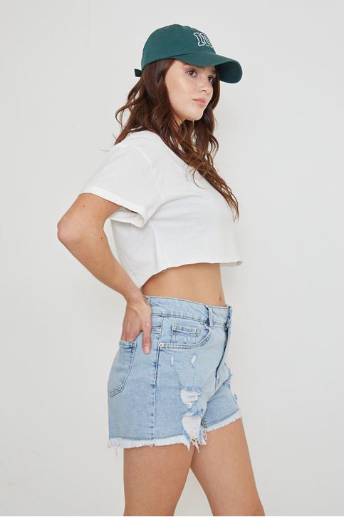 Yırtık Jean Şort-Mavi