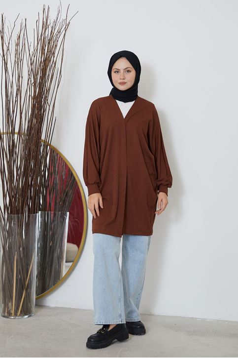 Kadın Yarasa Kol Detaylı Salaş İnce Yazlık Giy Çık Tesettür Hırka-Kahve