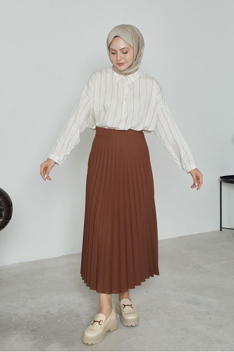 Kadın Soley Pilise Detaylı Yazlık Uzun Tesettür Etek-Kahve