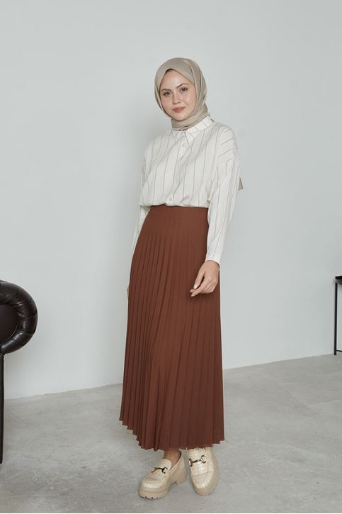 Kadın Soley Pilise Detaylı Yazlık Uzun Tesettür Etek-Kahve