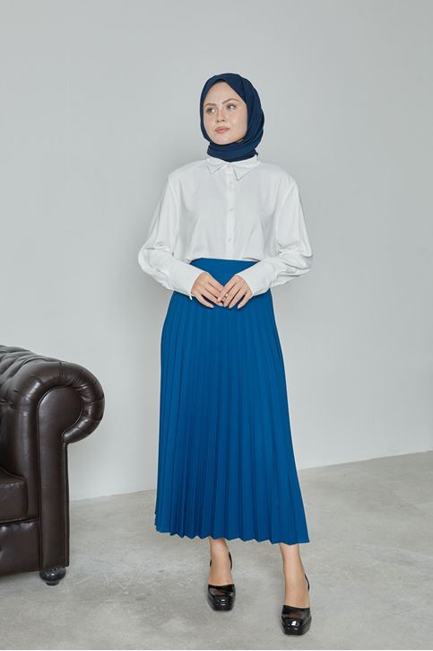 Kadın Soley Pilise Detaylı Yazlık Uzun Tesettür Etek-İndigo