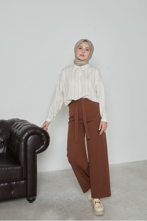 Kadın Beli Lastikli Bağlama Detaylı Geniş Paça Tesettür Pantolon-Kahve