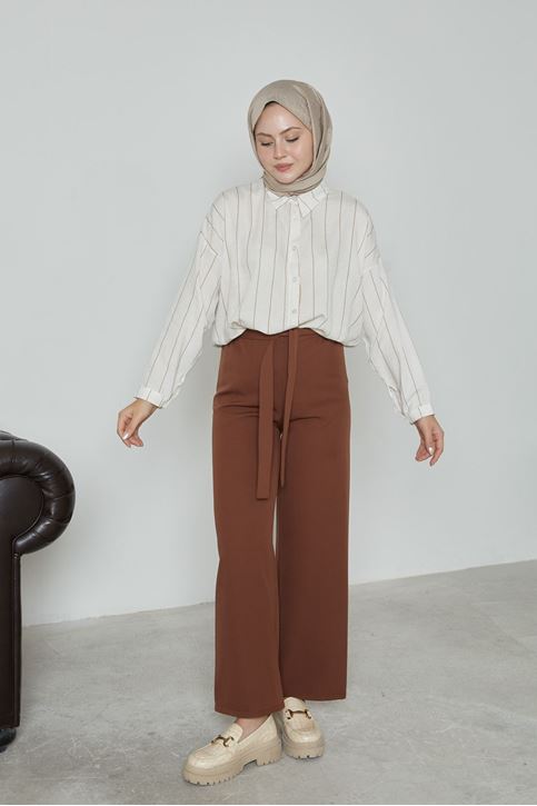 Kadın Beli Lastikli Bağlama Detaylı Geniş Paça Tesettür Pantolon-Kahve