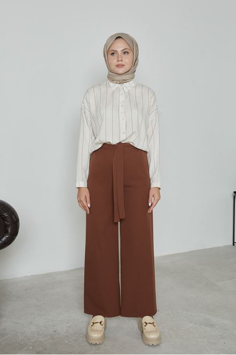 Kadın Beli Lastikli Bağlama Detaylı Geniş Paça Tesettür Pantolon-Kahve