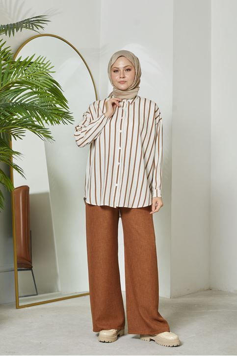 Geniş Paça Keten Pantolon-Taba