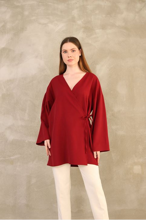 Yan Bağlamalı Atlas Tunik-Bordo