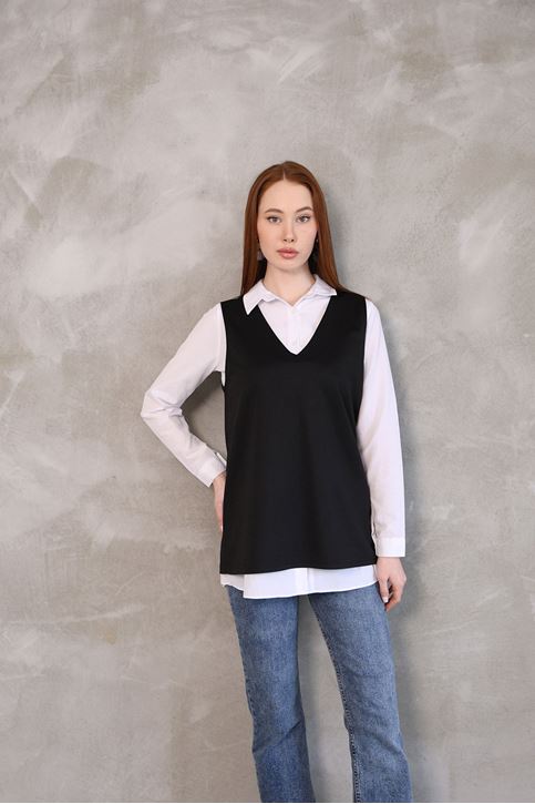 Kadın V Yaka Süveter Gömlek Yazlık Trend Modest Tesettür Tunik-Siyah