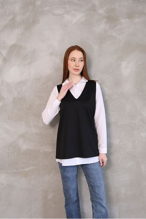 Kadın V Yaka Süveter Gömlek Yazlık Trend Modest Tesettür Tunik-Siyah