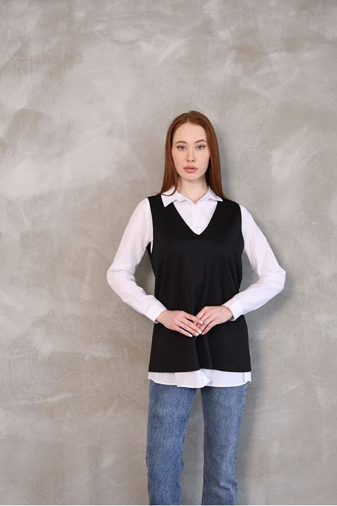 Kadın V Yaka Süveter Gömlek Yazlık Trend Modest Tesettür Tunik-Siyah