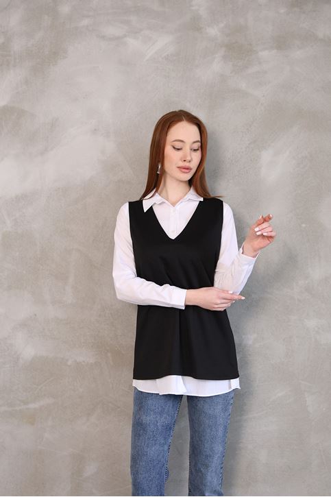 Kadın V Yaka Süveter Gömlek Yazlık Trend Modest Tesettür Tunik-Siyah