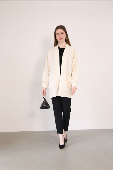 Cep Detay Atlas Hırka-Krem