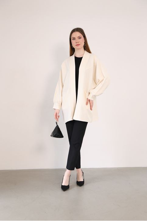 Cep Detay Atlas Hırka-Krem