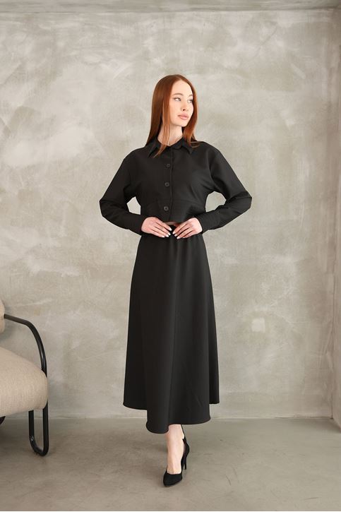 Sıralı Dikiş Detay Etekli Takım-Siyah