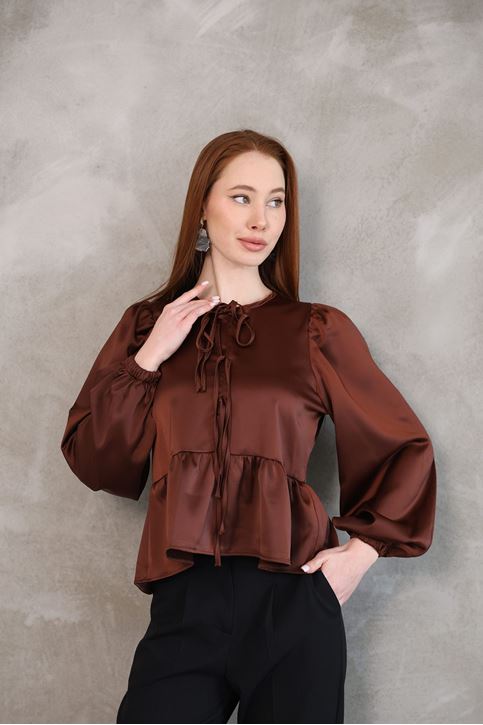 Yaka Biye Etek Büzgülü Tunik-Kahve