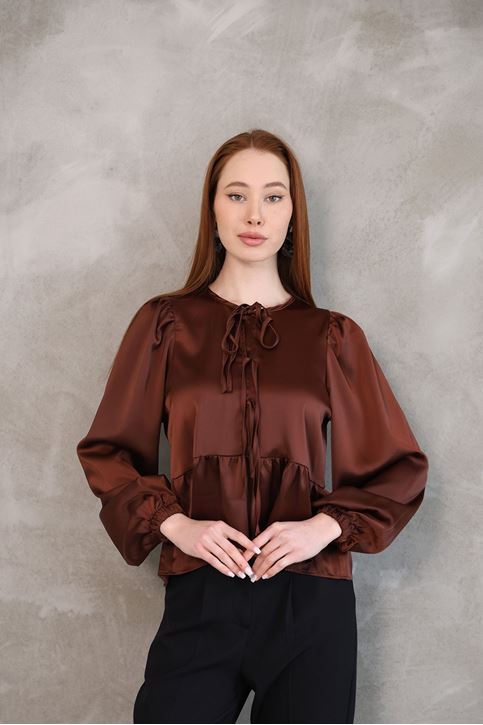 Yaka Biye Etek Büzgülü Tunik-Kahve