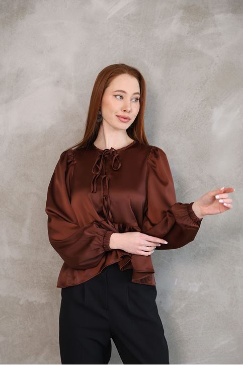 Yaka Biye Etek Büzgülü Tunik-Kahve