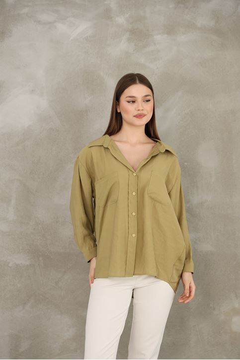 Çift Cep Dokuma Modal Tunik-YAĞ YEŞİLİ