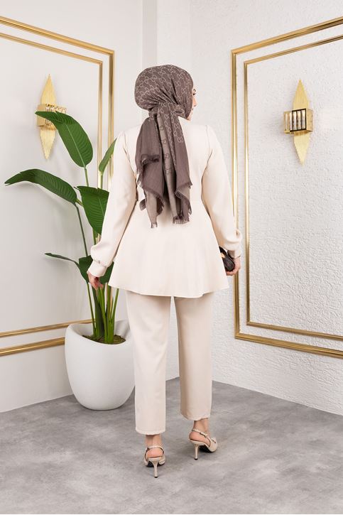 Kuşak Detay Ceketli Takım-Krem