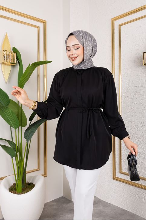 Omuz Büzgü Detay Tunik-Siyah