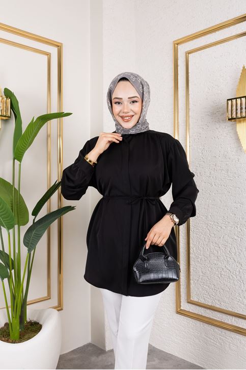 Omuz Büzgü Detay Tunik-Siyah