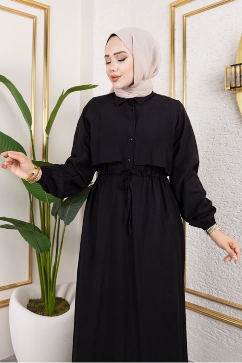 Aller Detay Beli Tünel Elbise-Siyah