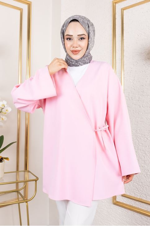 Yan Bağlamalı Atlas Tunik-Pembe