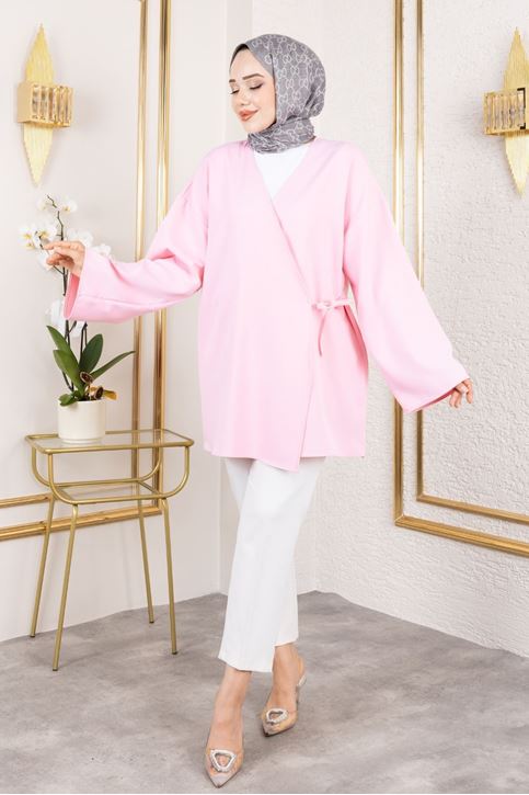 Yan Bağlamalı Atlas Tunik-Pembe