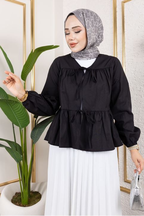 Ara Biyeli Ön Bağlamalı Tunik-Siyah