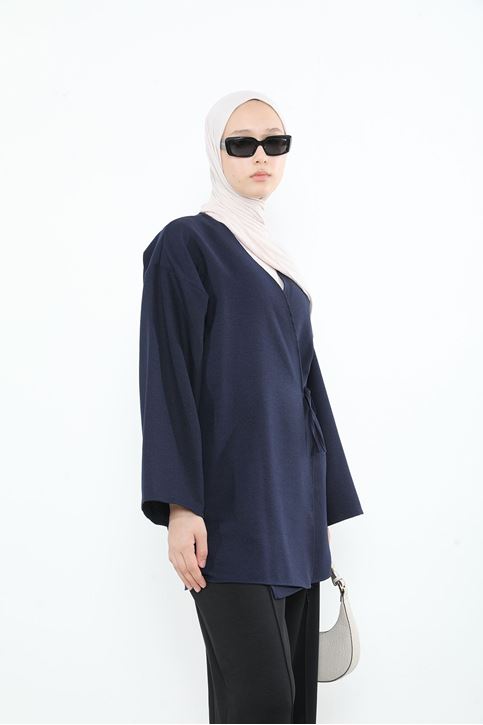 Yan Bağlamalı Kalın Krep Tunik-Lacivert