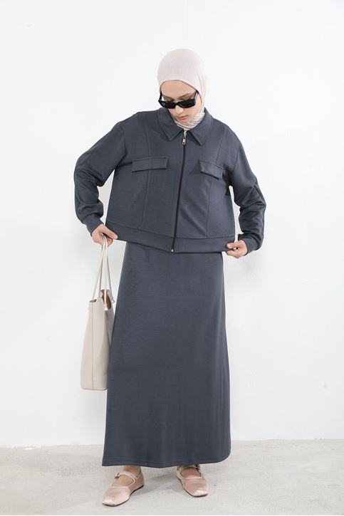 Yakalı Fermuar Detay Jileli Takım-Antrasit