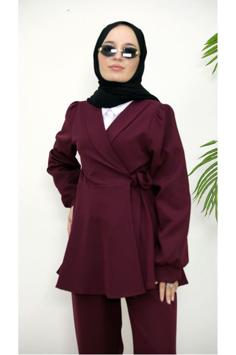 Kuşak Detay Ceketli Takım-Bordo