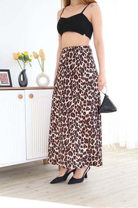 Kadın Beli Lastikli Leopar Desenli Etek-Karamel