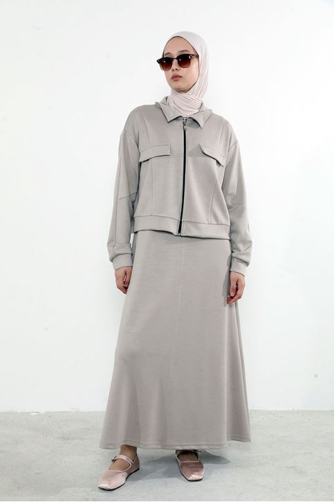 Yakalı Fermuar Detay Jileli Takım-Taş