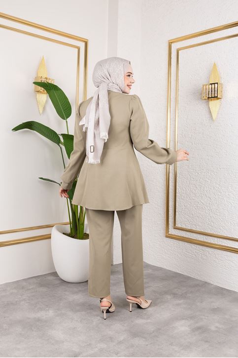 Kuşak Detay Ceketli Takım-Haki