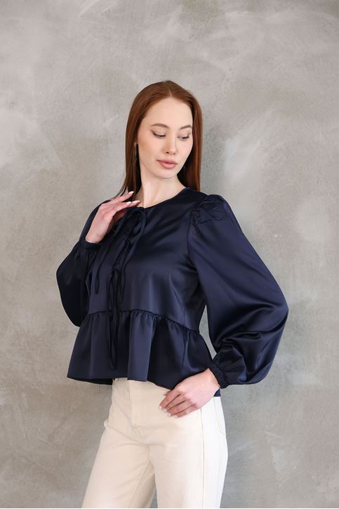 Yaka Biye Etek Büzgülü Tunik-Lacivert