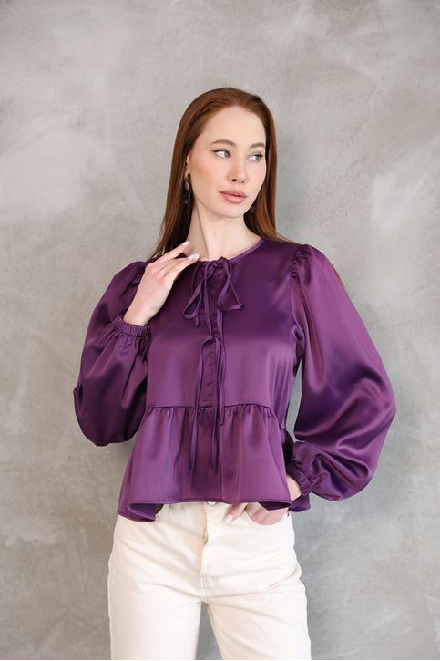 Yaka Biye Etek Büzgülü Tunik-Mor