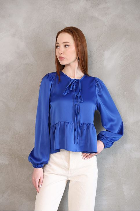 Yaka Biye Etek Büzgülü Tunik-Saks