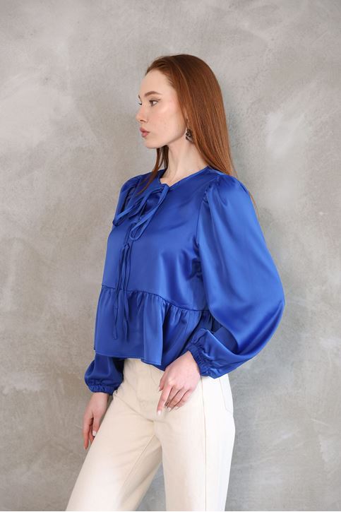 Yaka Biye Etek Büzgülü Tunik-Saks