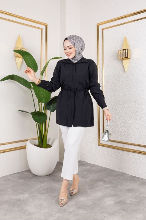 Kadın Beli Tünel Kuşak Detaylı Gölek Yaka Trend Yazlık Modest Modal Kumaş Tesettür Tunik-Siyah