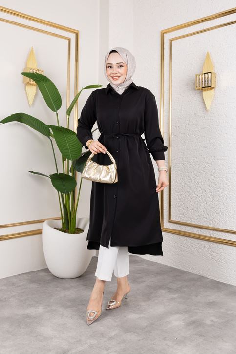 Kadın Yırtmaç Detaylı Kuşaklı Gömlek Yaka Boydan Düğmeli Uzıun Tesettür Tunik-Siyah