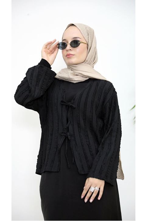 Pileli Ön İki Bağlamalı Tunik-Siyah