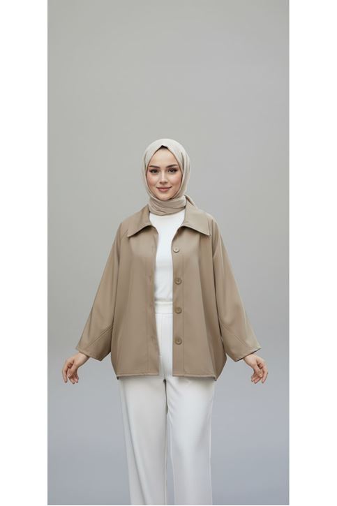 Casual Relax Fit Giy Çık Bondit Hırka-Bej