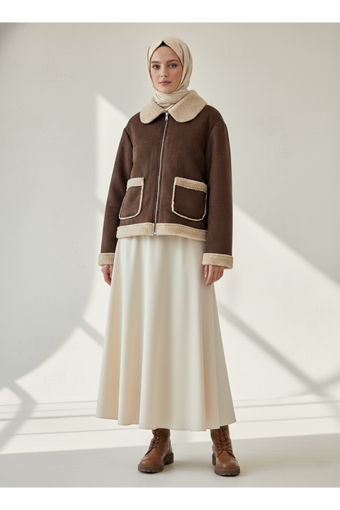 Metal Fermuar Detaylı Üstten Cepli  Kaban-Kahve