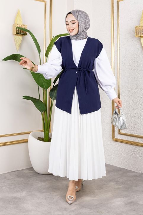 Tek Düğme Keten Yelek-Lacivert