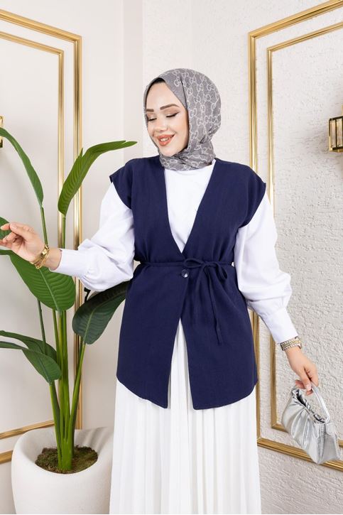 Tek Düğme Keten Yelek-Lacivert